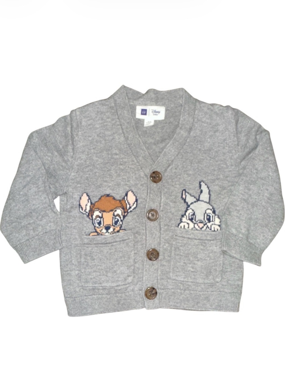 Baby Gap Disney Bambi & Thumper Gray Knit Button Cardigan Sweater